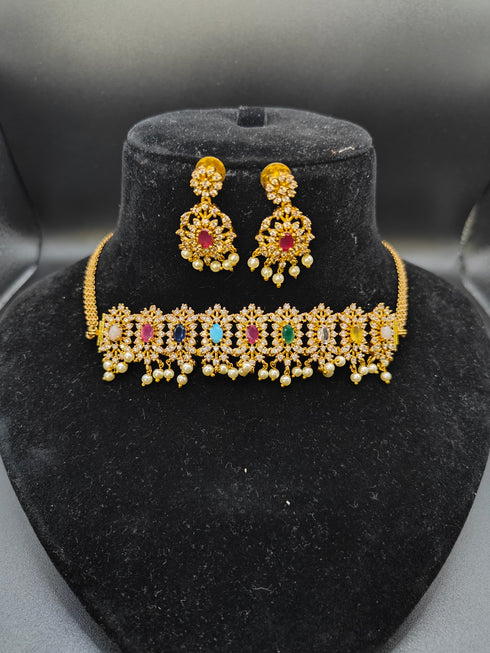 Gold Plated Naurattan Choker Necklace